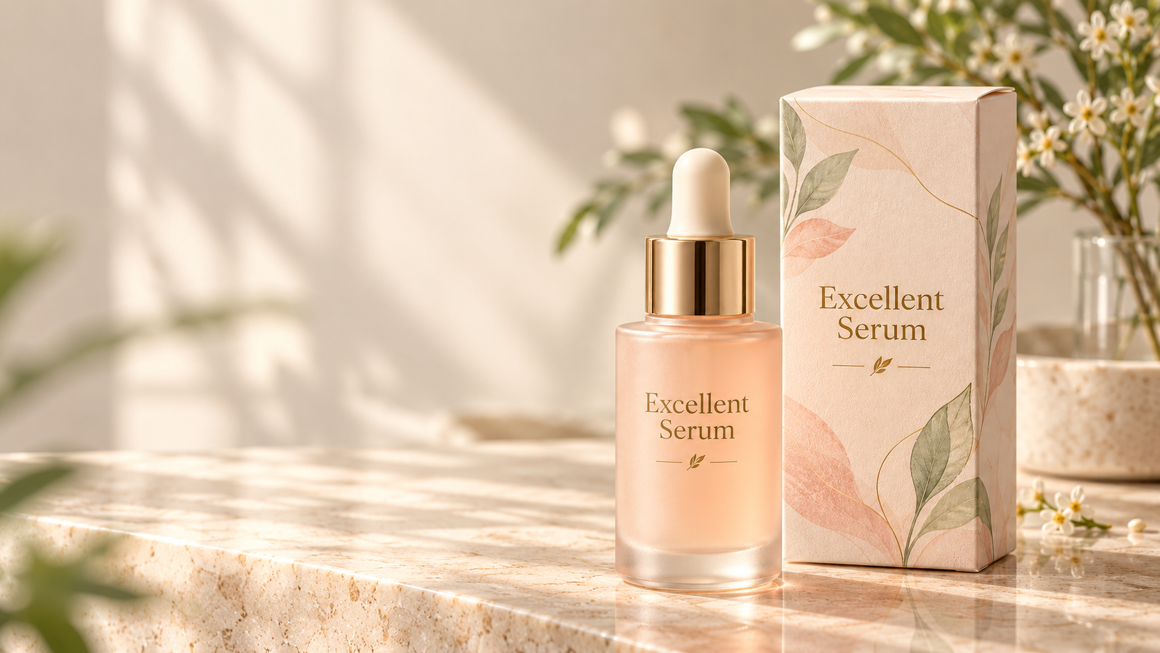 Konsep pembungkusan Excellent Serum dalam botol kaca warna peach dan kotak krim